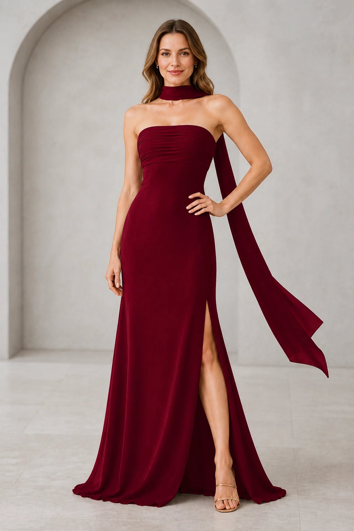 Burgundy Strapless Bridesmaid Dress with Slit