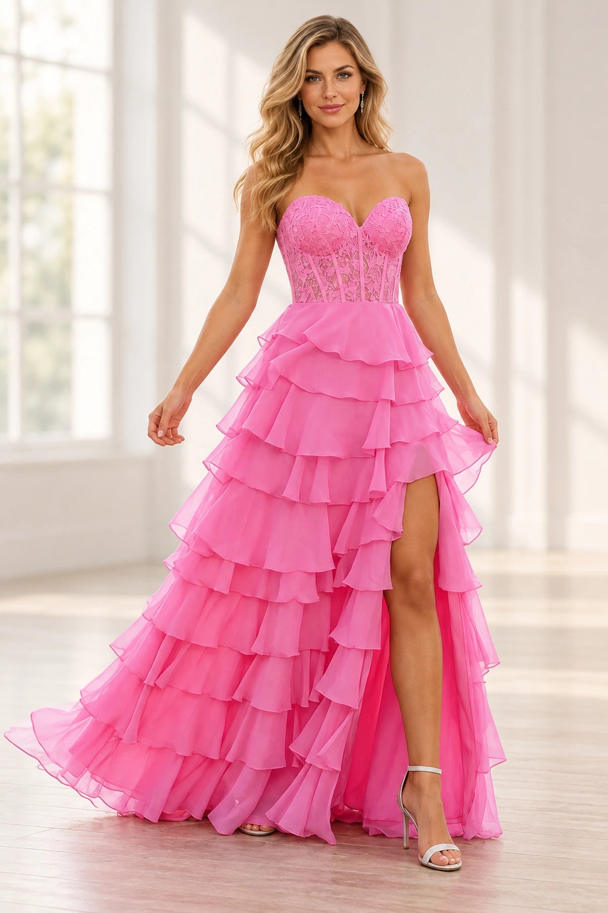 Elegant Chiffon Ball Gown Sweetheart Strapless Lace-Up Back Ruffle Prom Dress
