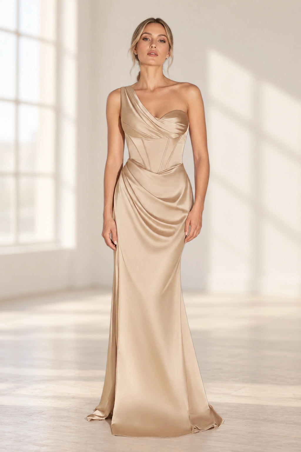Refined Satin Look Sheath Sweetheart Asymmetric Drape Long Prom Dress