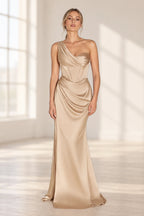 Refined Satin Look Sheath Sweetheart Asymmetric Drape Long Prom Dress