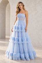Dreamy Tulle A Line Straight Neck Strapless Tiered Long Prom Dress