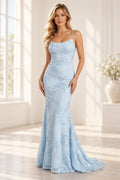 Elegant Floral Applique Mermaid Scoop Neck Spaghetti Strap Lace-Up Back Prom Dress