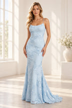 Elegant Floral Applique Mermaid Scoop Neck Spaghetti Strap Lace-Up Back Prom Dress