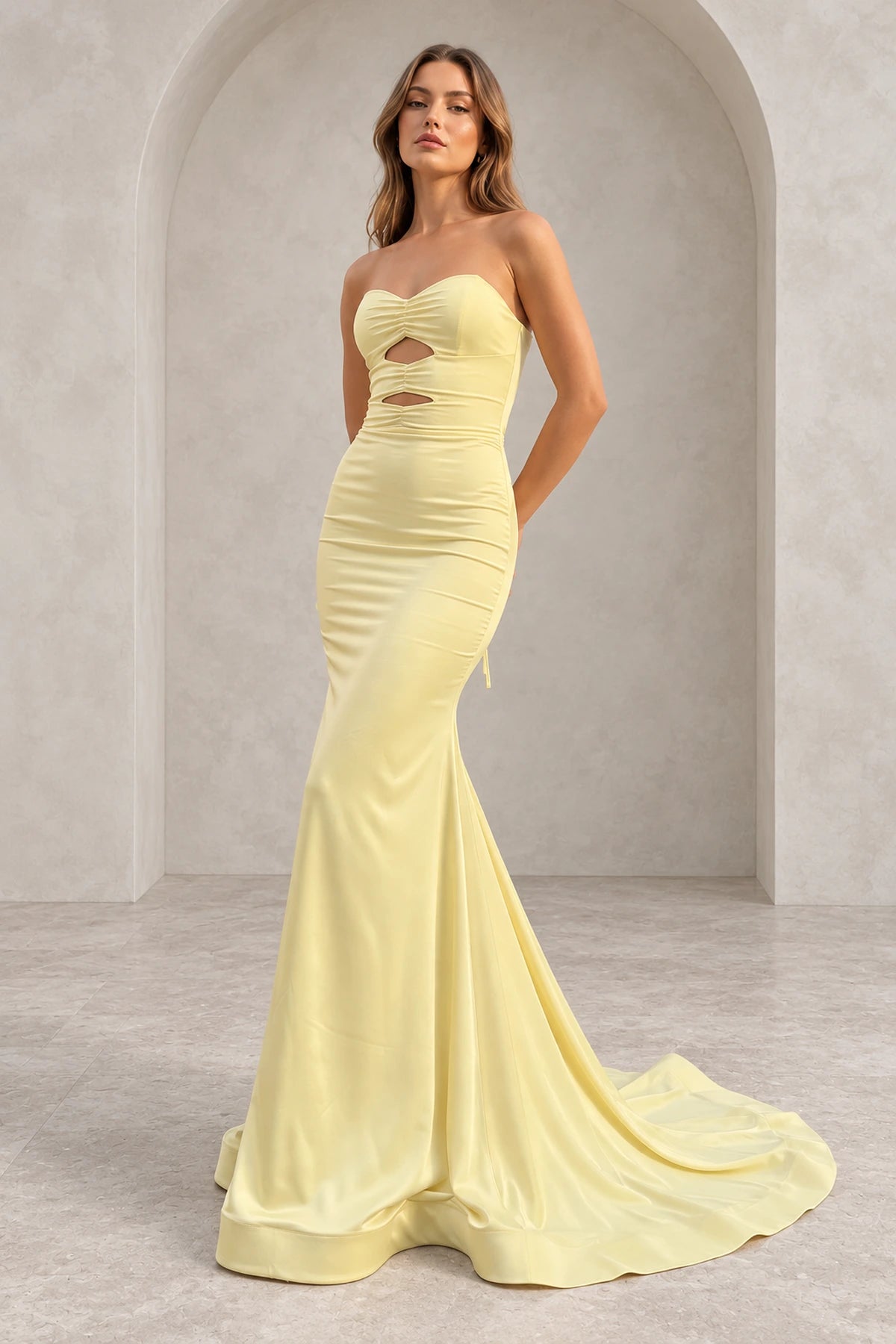 Elegant Satin Mermaid Strapless Cutout Lace-Up Back Long Prom Dress