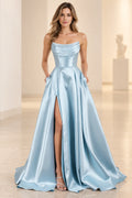 Refined Satin Look A Line Scoop Neck Strapless Long Prom Dress