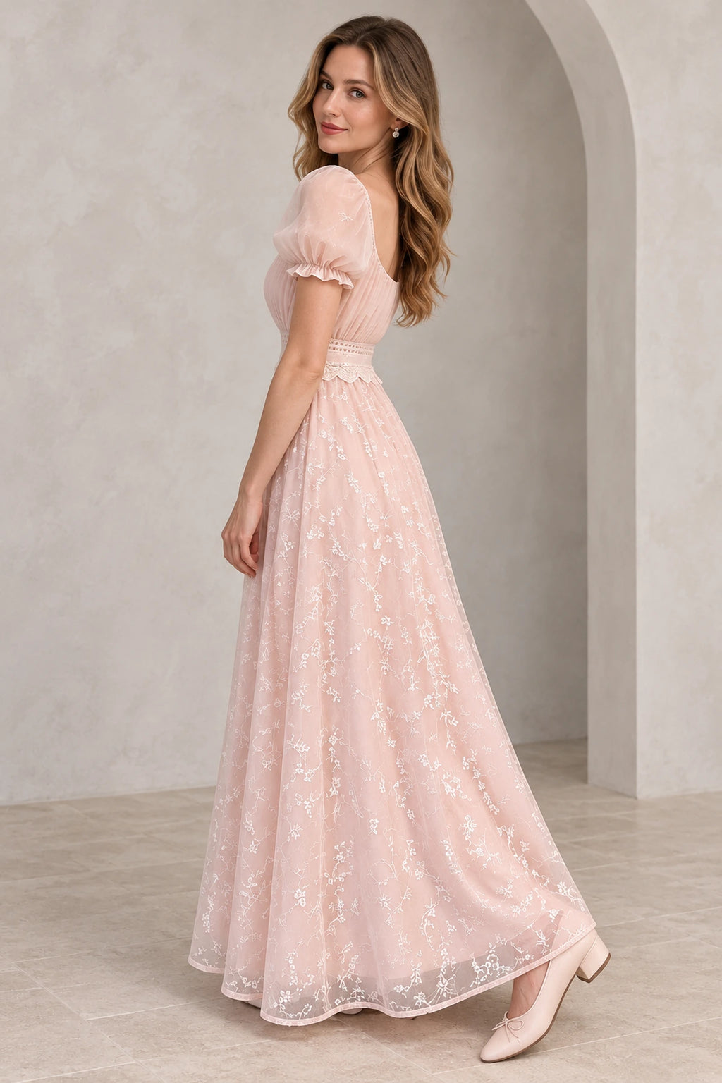 Romantic Chiffon Tulle A Line Square Neck Puff Sleeve Scoop Back Long Wedding Guest Dress