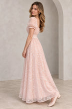 Romantic Chiffon Tulle A Line Square Neck Puff Sleeve Scoop Back Long Wedding Guest Dress
