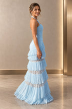Romantic Chiffon Lace Mermaid Halter Sleeveless Low-Back Floor-Length Prom Dress