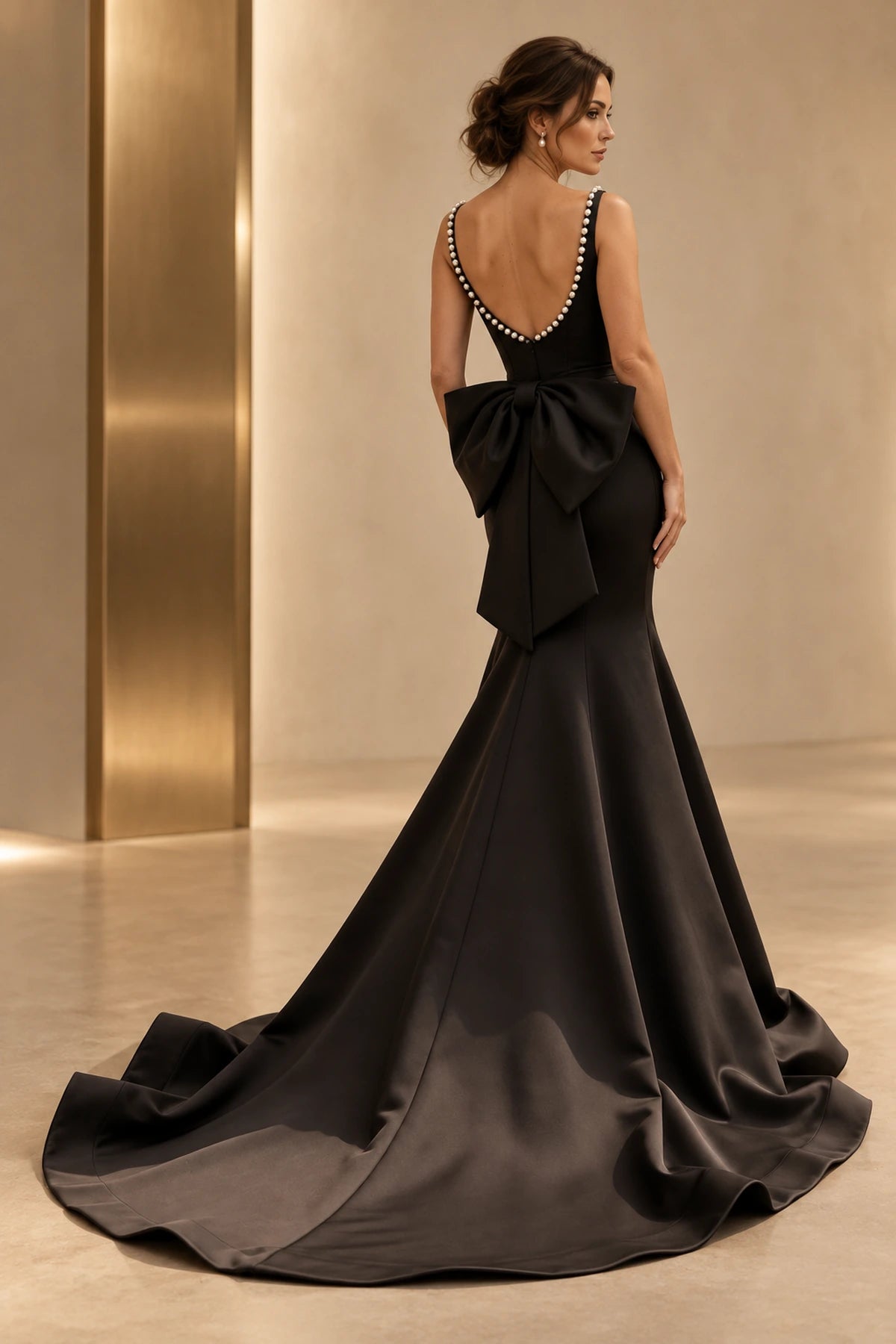 Elegant Satin Mermaid Square Neck Pearl Trim Bow Back Long Prom Dress