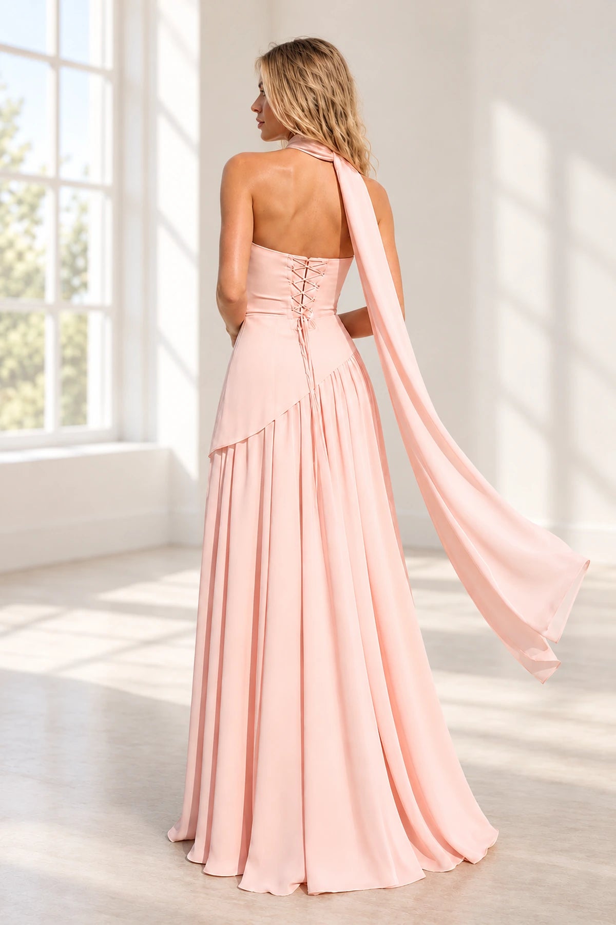 Elegant Satin A-Line Strapless Asymmetric Cape Lace-Up Back Long Prom Dress
