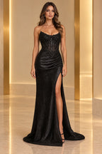 Glamorous Glitter Mermaid Sweetheart Sleeveless Floor-Length Slit Prom Dress