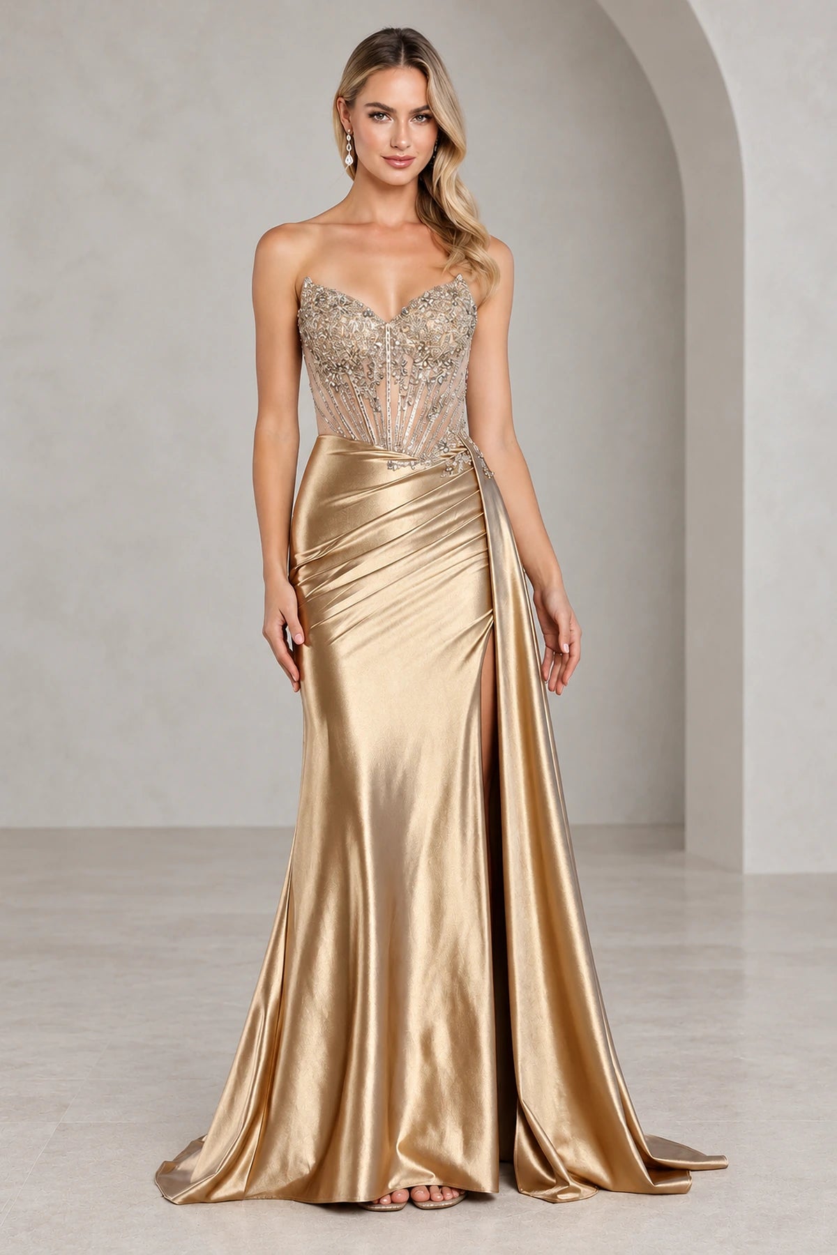 Striking Satin Look Sheath Sweetheart Strapless Corset Long Prom Dress