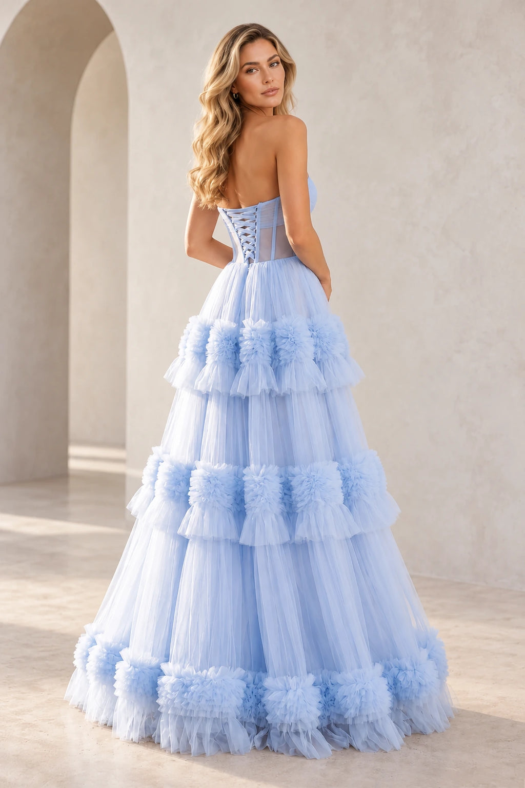 Dreamy Tulle A Line Straight Neck Strapless Tiered Long Prom Dress