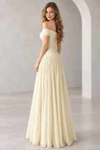 Romantic Chiffon A-Line Off Shoulder Short Sleeve Zipper Back Long Prom Dress