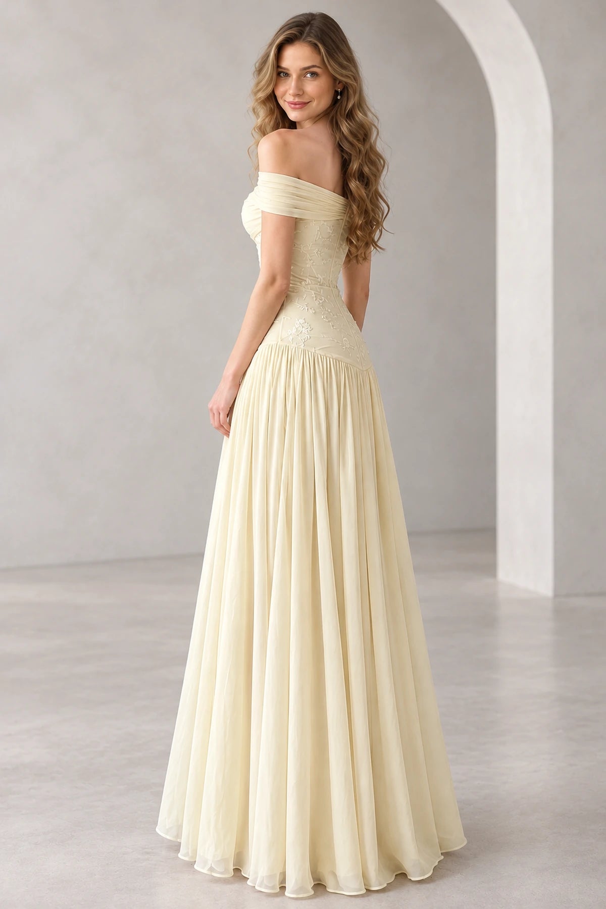 Romantic Chiffon A-Line Off Shoulder Short Sleeve Zipper Back Long Prom Dress