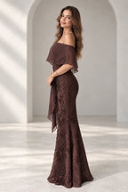 Elegant Lace Chiffon Mermaid Off Shoulder Cape Sleeve Zipper Back Long Prom Dress