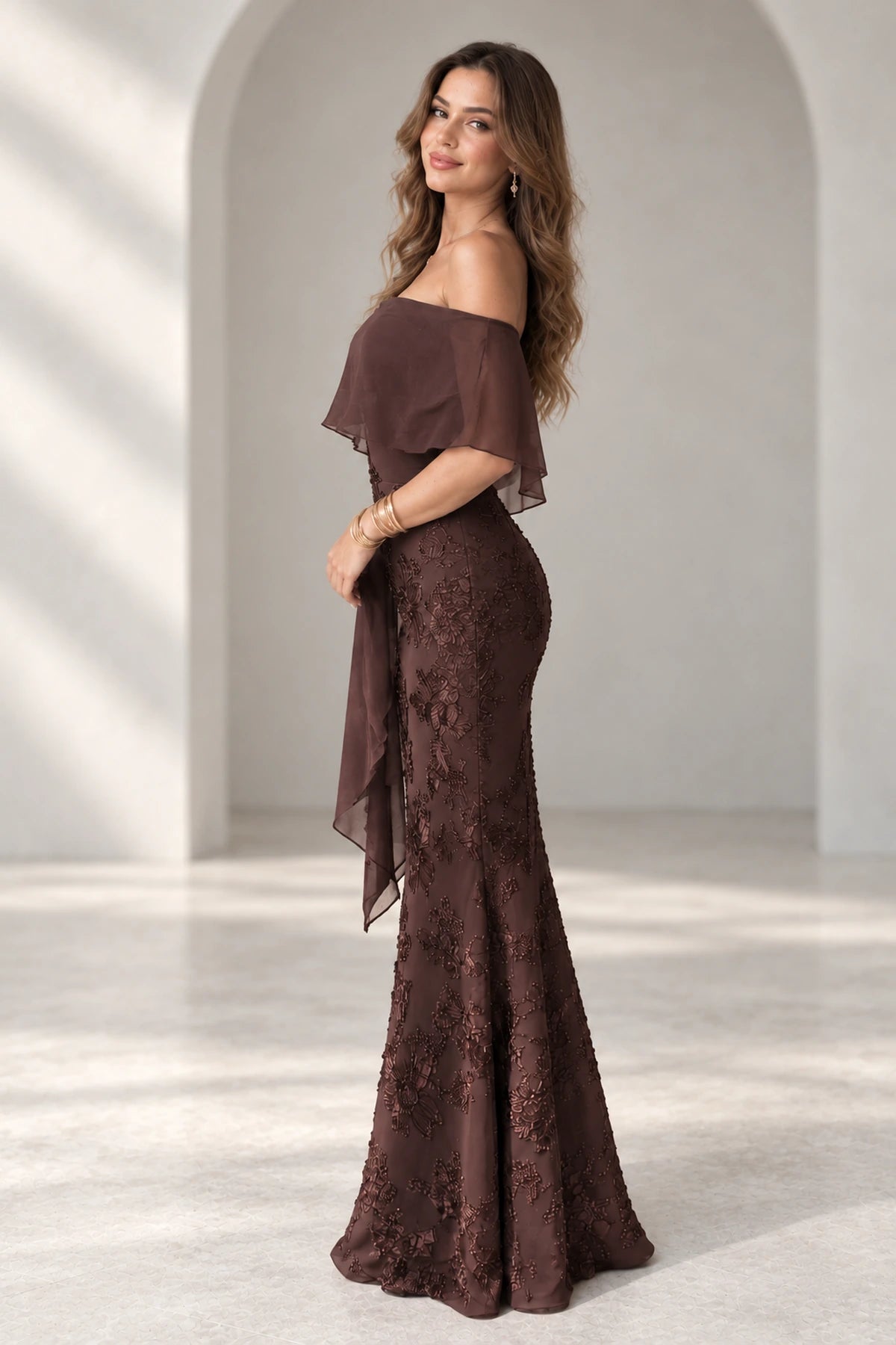 Elegant Lace Chiffon Mermaid Off Shoulder Cape Sleeve Zipper Back Long Prom Dress
