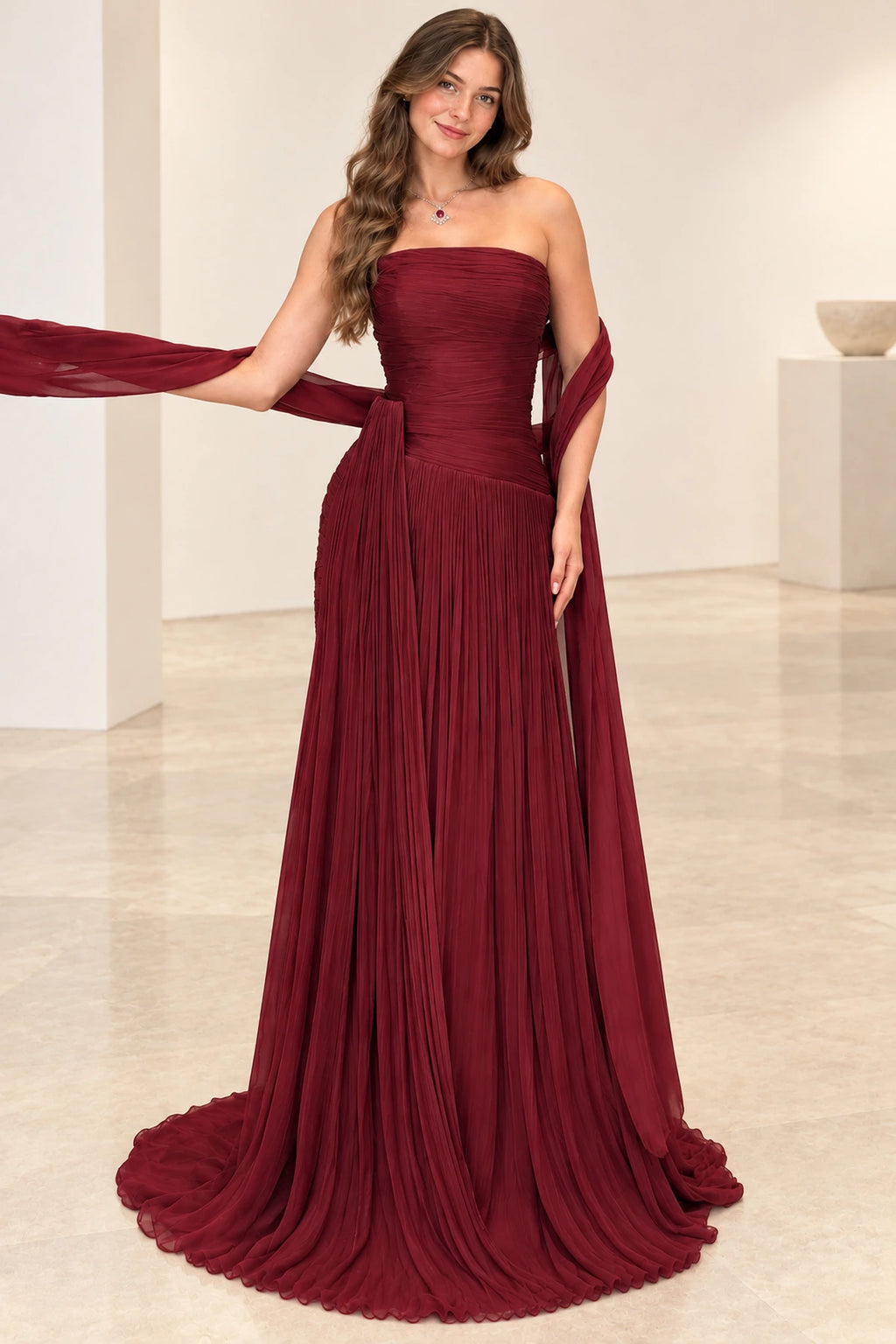 Elegant Chiffon A-Line Strapless Sleeveless Low Back Long Wedding Guest Dress