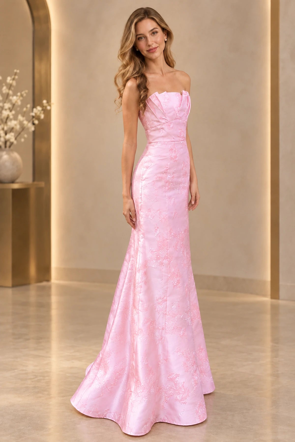 Elegant Floral Jacquard Mermaid Strapless Corset Back Long Prom Dress