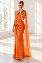 Elegant Satin Sheath One-Shoulder Cape-Sleeve Zipper-Back Floor-Length Prom Dress