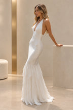 Elegant Satin Chiffon Mermaid Halter Sleeveless Backless Floor-Length Prom Dress