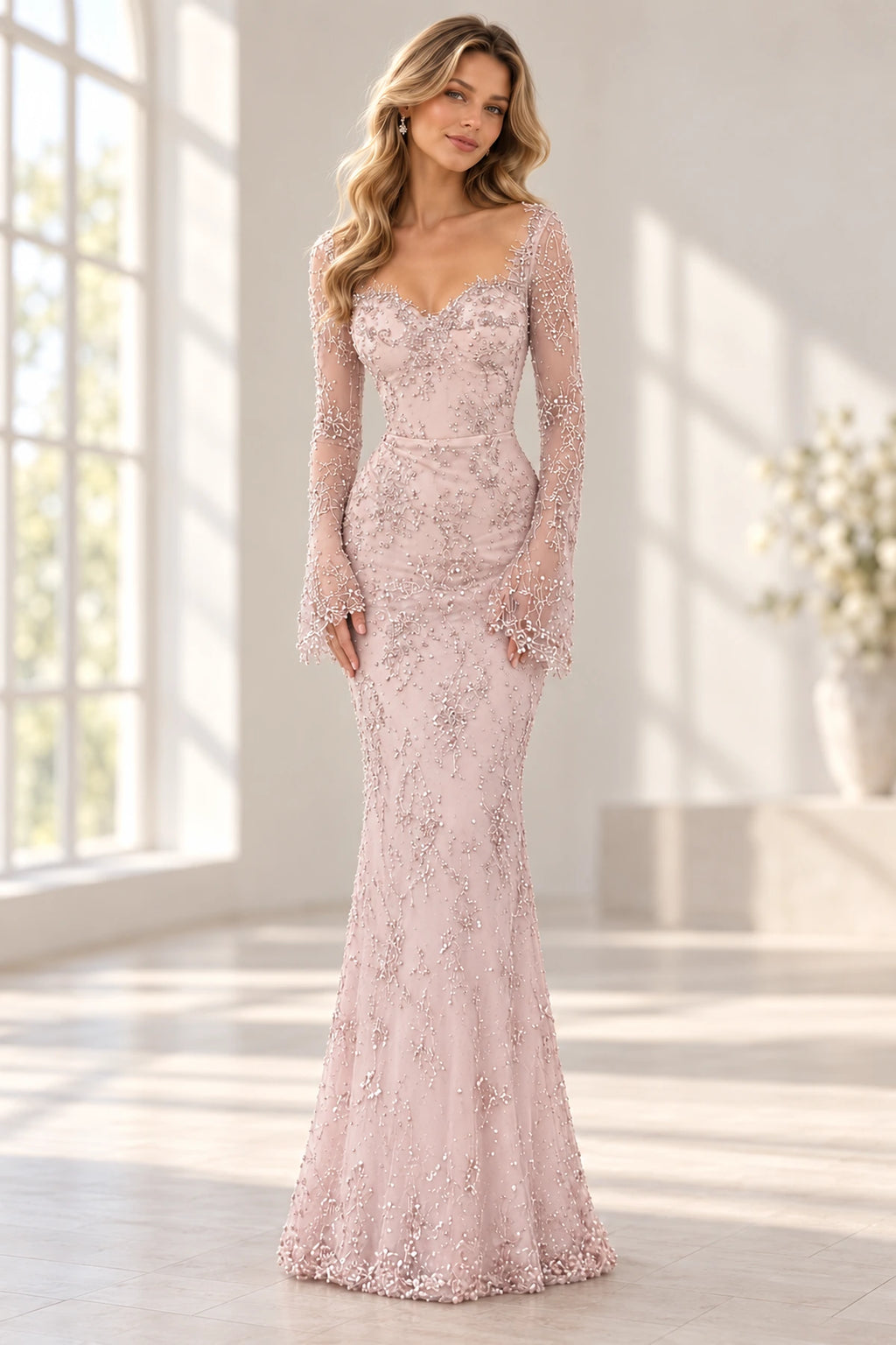 Elegant Satin Lace Mermaid Sweetheart Long-Sleeve Scoop-Back Floor-Length Evening Dress