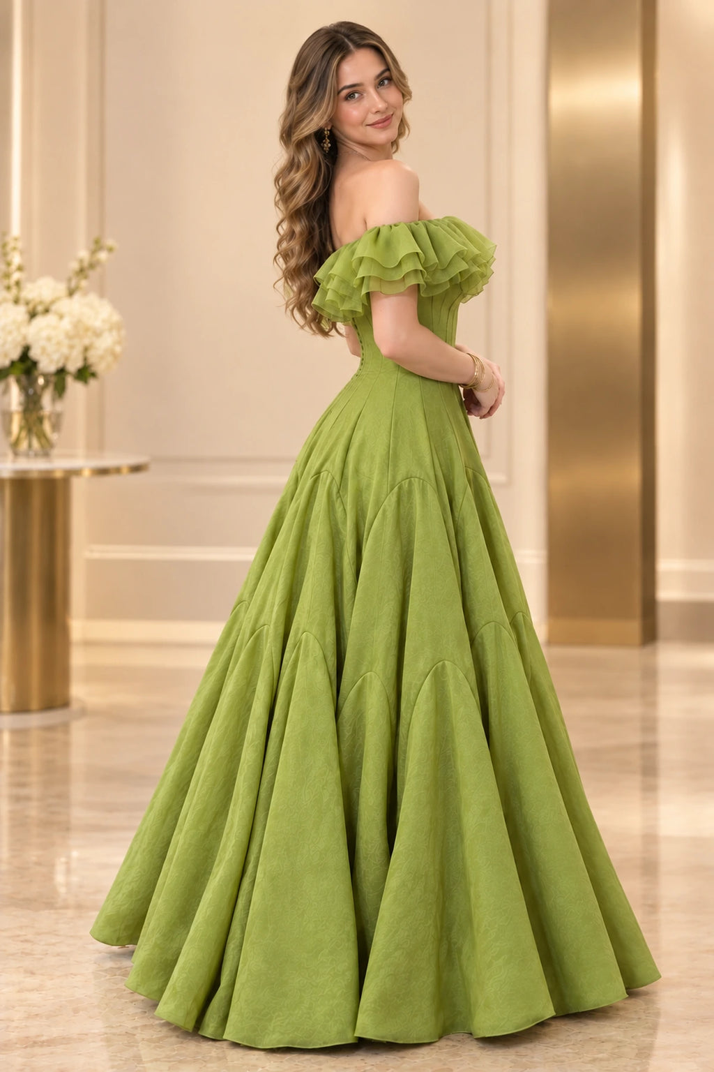 Romantic Satin A-Line Off Shoulder Ruffle Sleeve Fitted Back Long Prom Dress