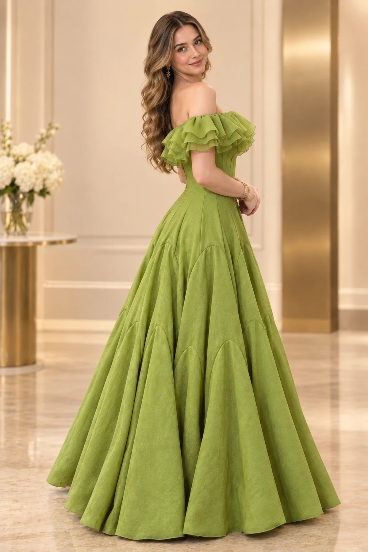Romantic Satin A-Line Off Shoulder Ruffle Sleeve Fitted Back Long Prom Dress