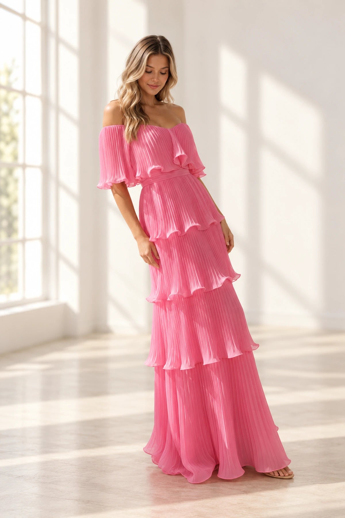 Romantic Pleated Chiffon A-Line Off Shoulder Flutter Sleeve Back Floor Length Wedding Guest Dress
