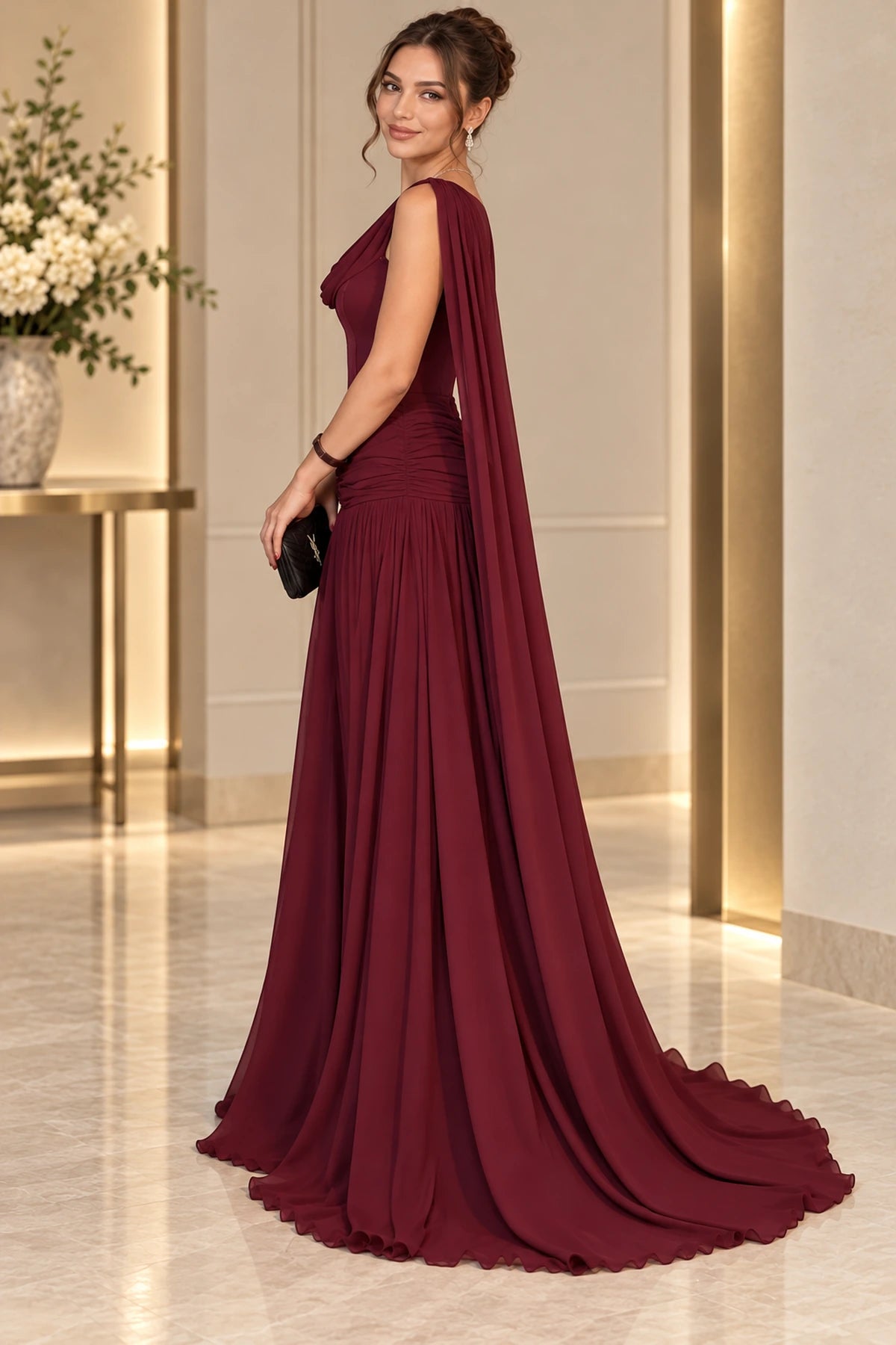Elegant Chiffon A-Line Cowl Neck Sleeveless Zipper Back Long Prom Dress