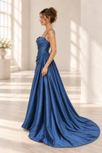 Elegant Satin A-Line Cowl Neck Spaghetti Strap Zipper Back Long Prom Dress