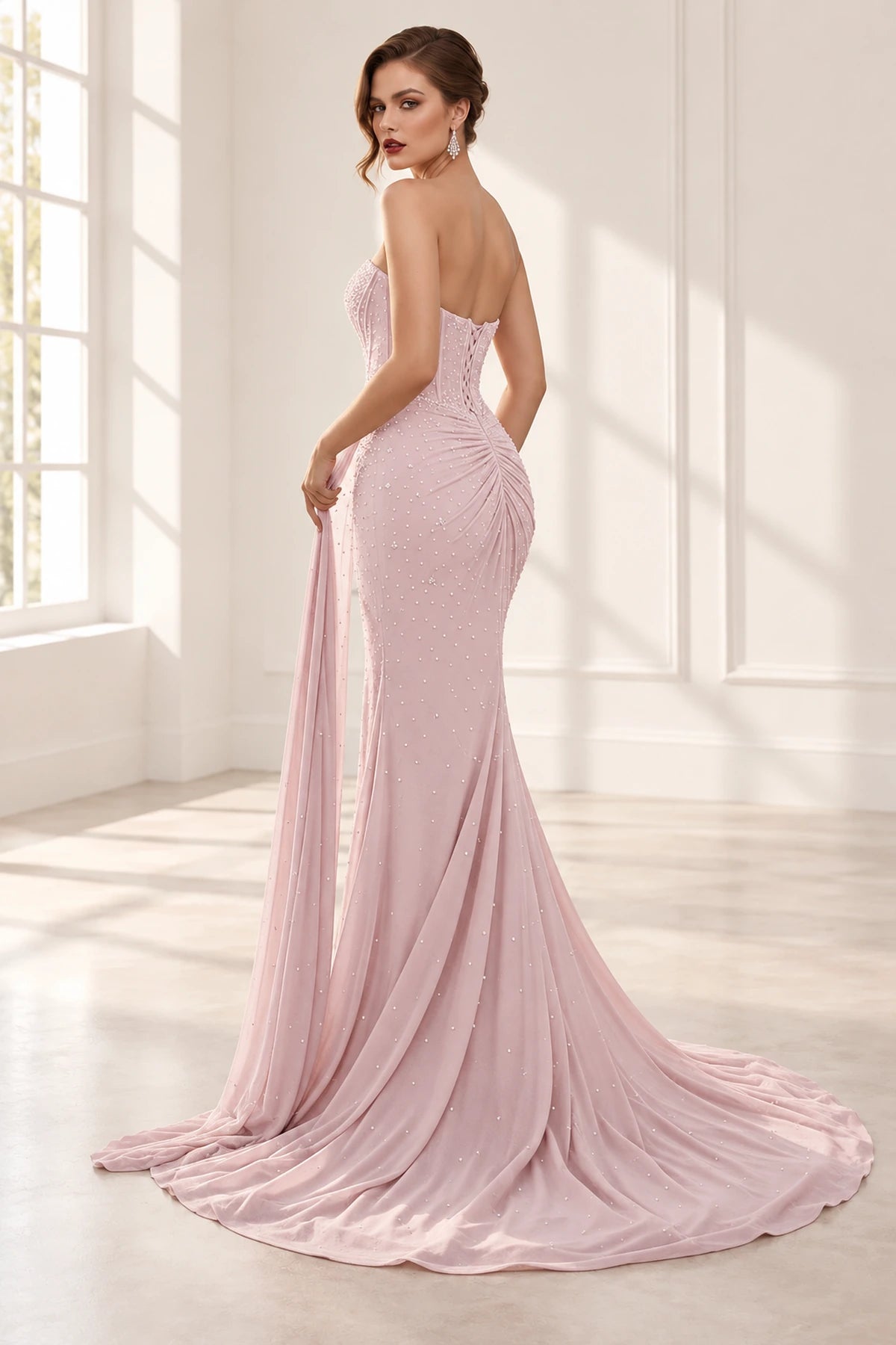 Elegant Mesh Mermaid Strapless Sweetheart Beaded Corset Back Long Prom Dress