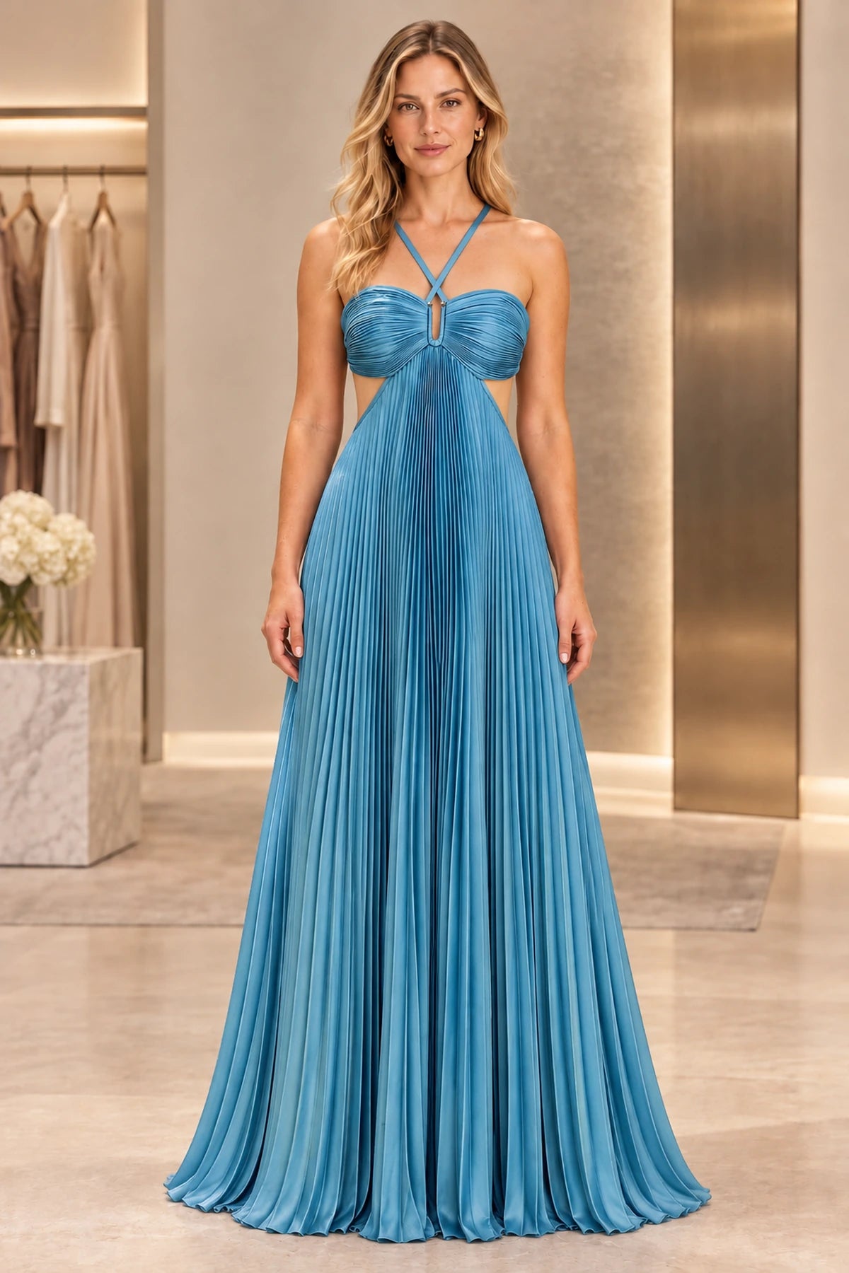 Elegant Satin A-Line Halter Sleeveless Tie-Back Floor-Length Prom Dress