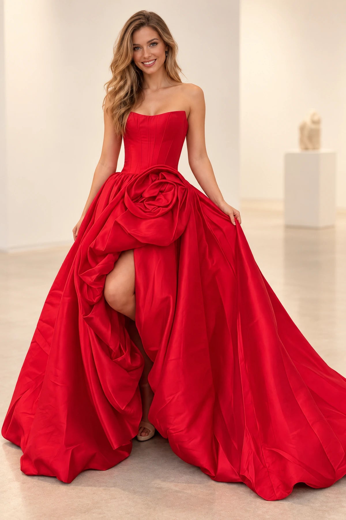 Dramatic Satin A Line Scoop Neck Strapless Long Prom Dress