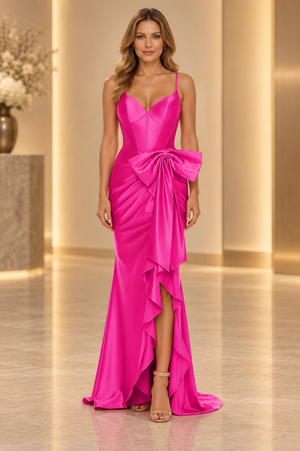 Striking Satin Look Mermaid Sweetheart Spaghetti Strap Bow Long Prom Dress