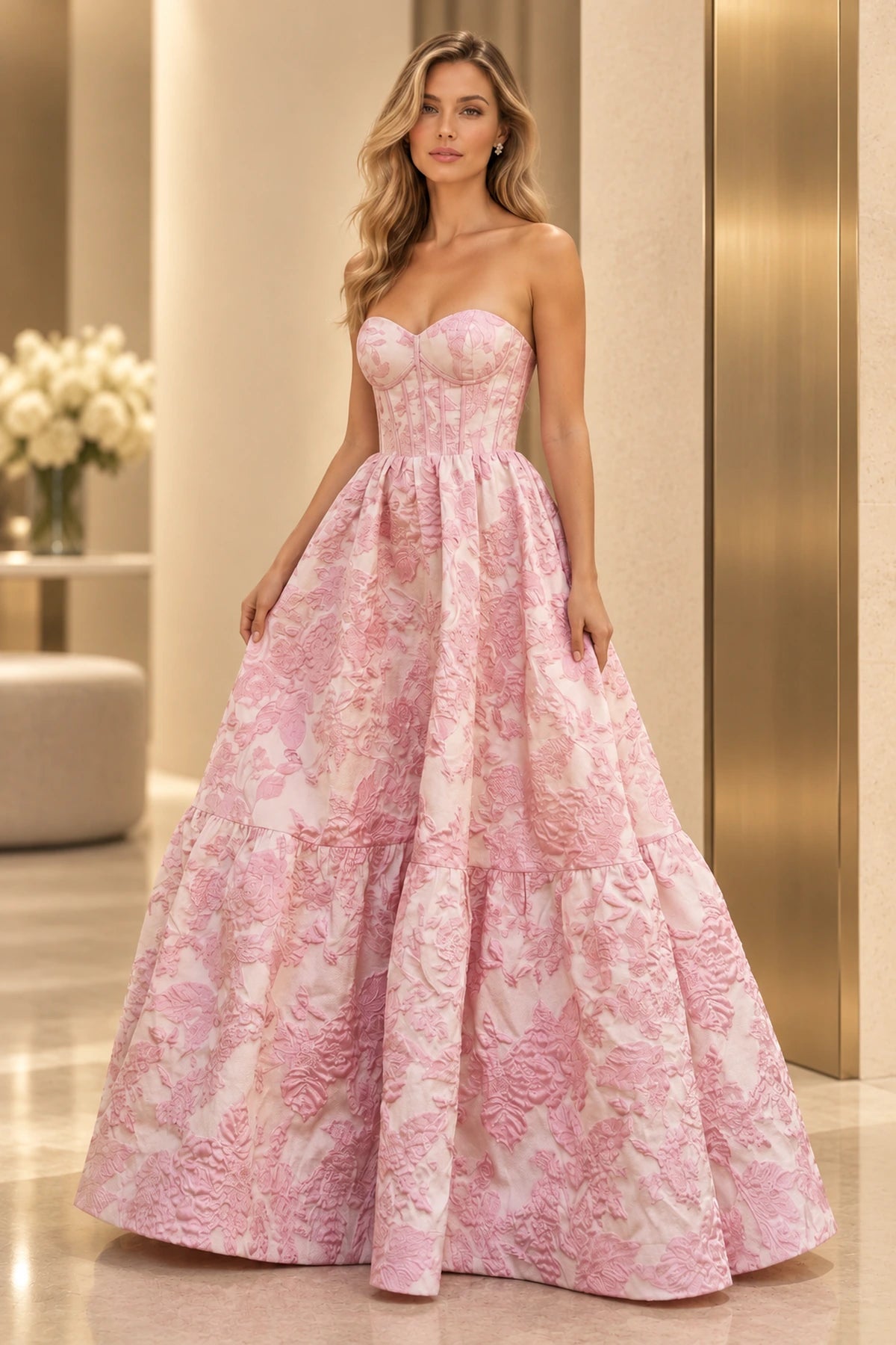Elegant Floral Jacquard A-Line Sweetheart Strapless Lace-Up Back Long Prom Dress