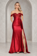 Romantic Satin Look Sheath Sweetheart Off Shoulder Long Prom Dress