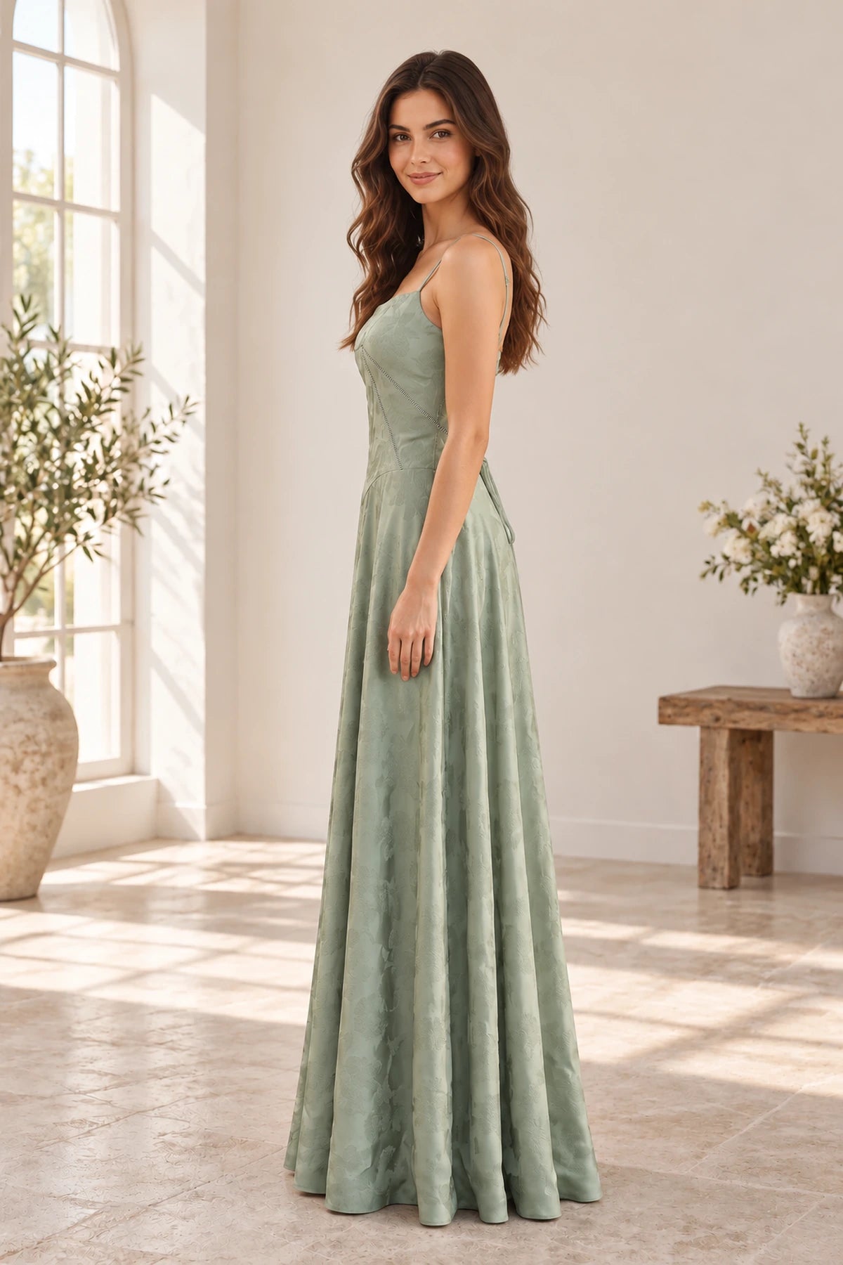 Elegant Jacquard A-Line Square Neck Spaghetti Strap Lace-Up Back Long Prom Dress
