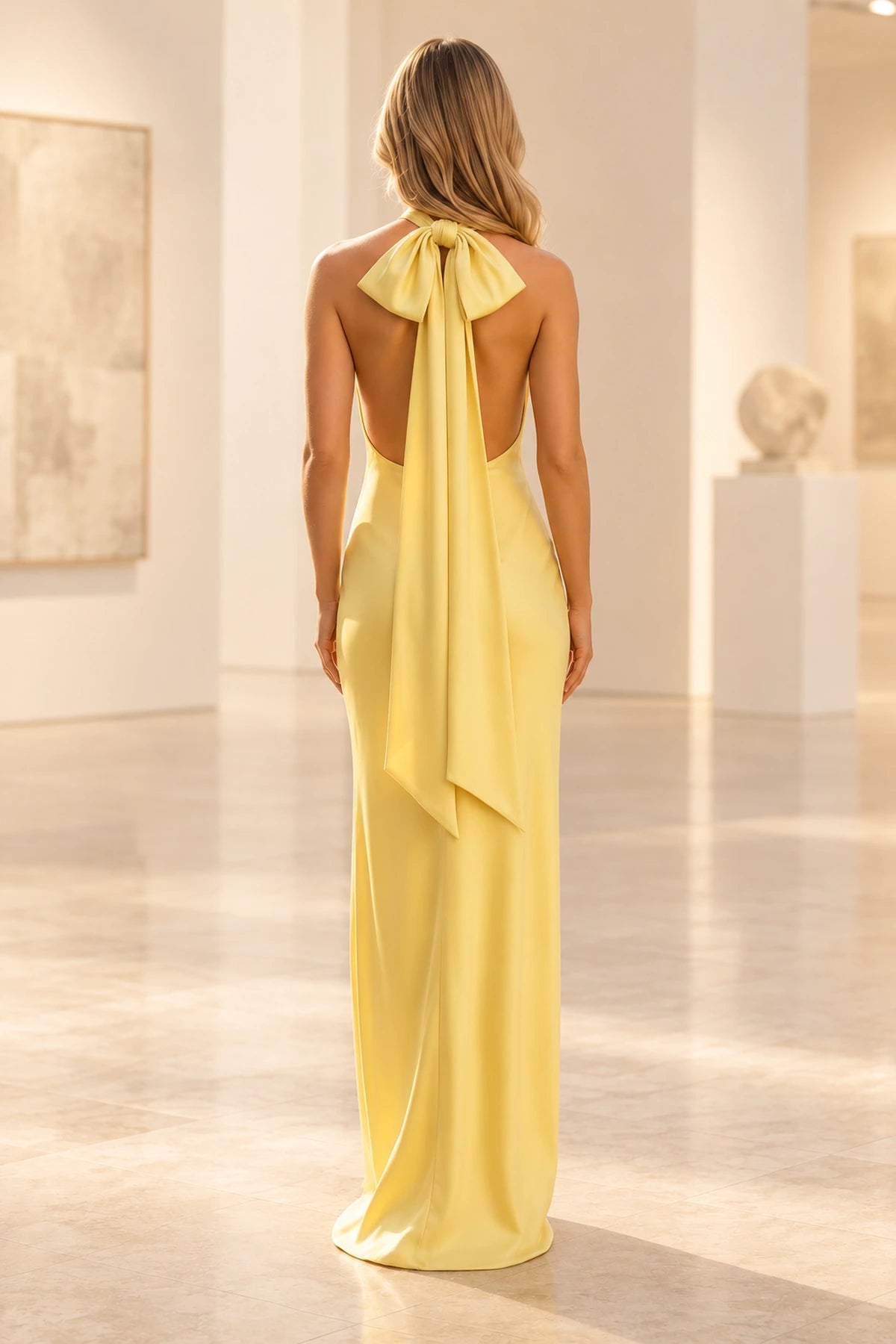 Elegant Satin Sheath Halter Sleeveless Bow-Back Floor-Length  Prom Dress