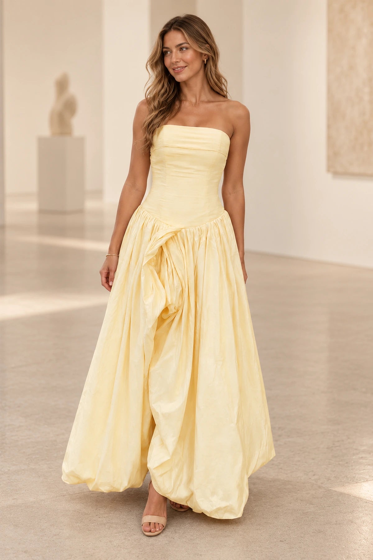 Romantic Taffeta Look A Line Straight Neck Strapless Long Prom Dress