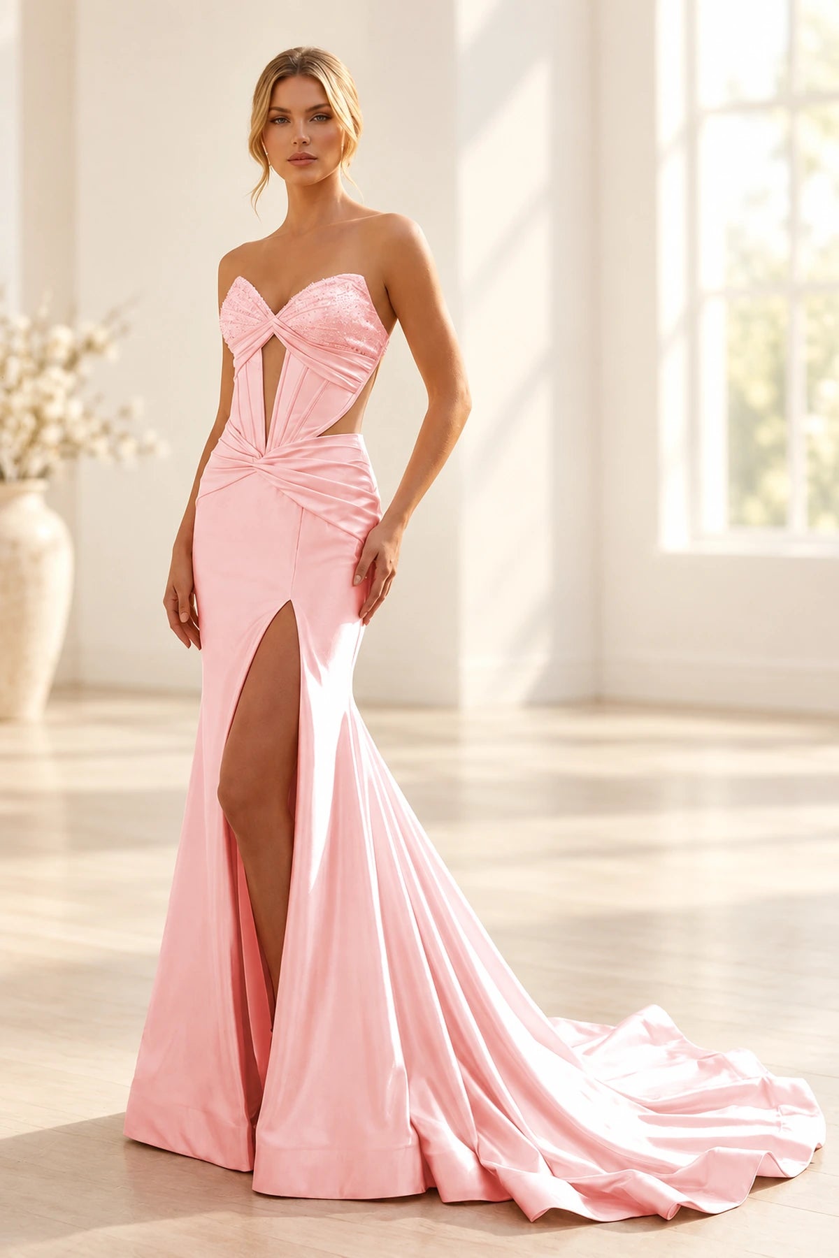Elegant Satin Mermaid Sweetheart Strapless Cutout Lace-Up Back Long Prom Dress