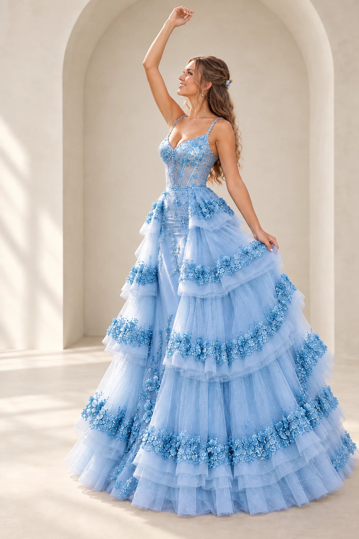 Romantic 3D Floral Tulle A-Line Sweetheart Sleeveless Sheer Back Long Prom Dress