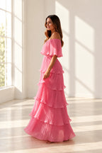 Romantic Pleated Chiffon A-Line Off Shoulder Flutter Sleeve Back Floor Length Wedding Guest Dress