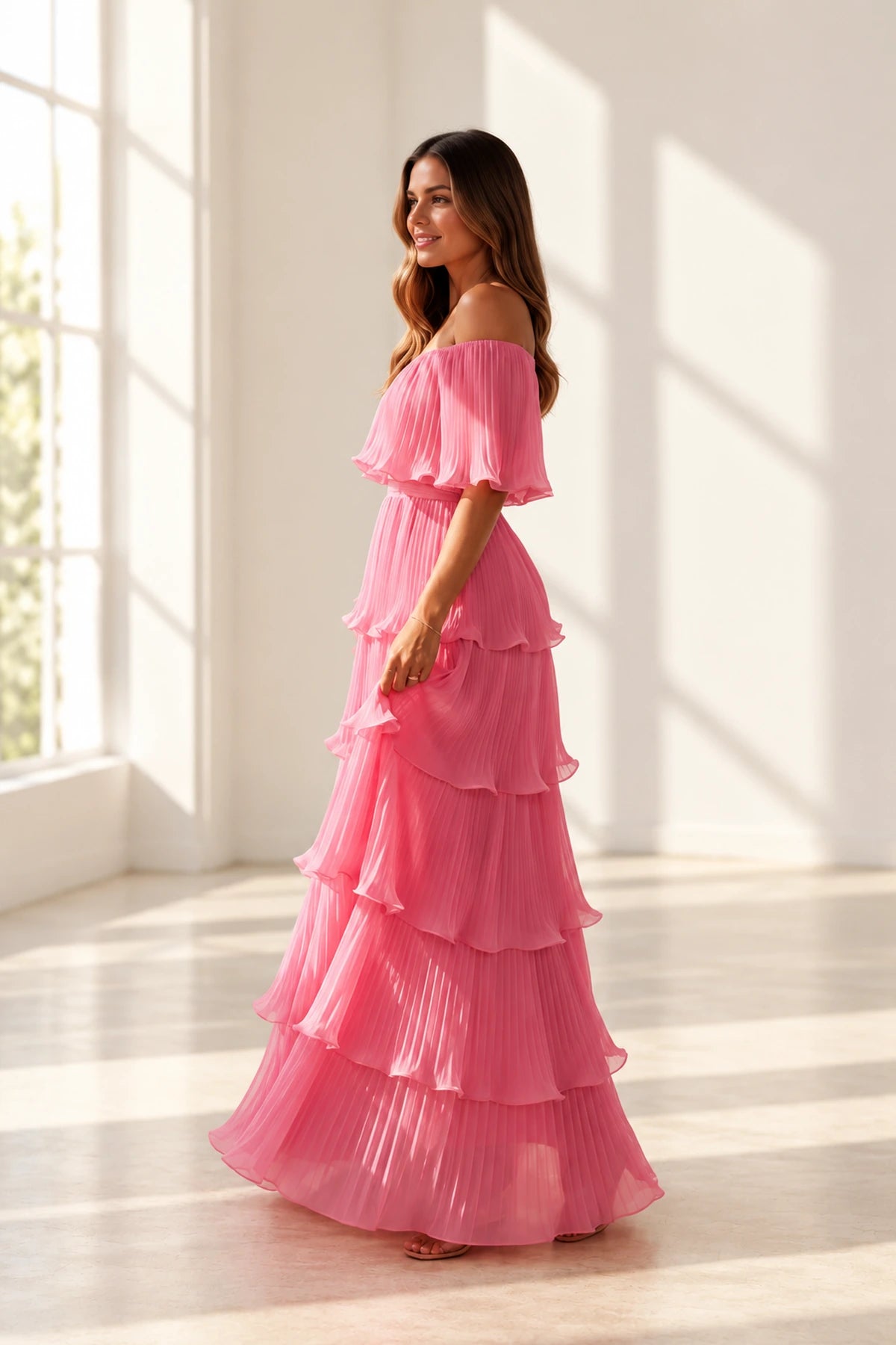 Romantic Pleated Chiffon A-Line Off Shoulder Flutter Sleeve Back Floor Length Wedding Guest Dress