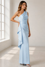 Refined Column One Shoulder Sleeveless V Back Floor Length Wedding Guest Dress