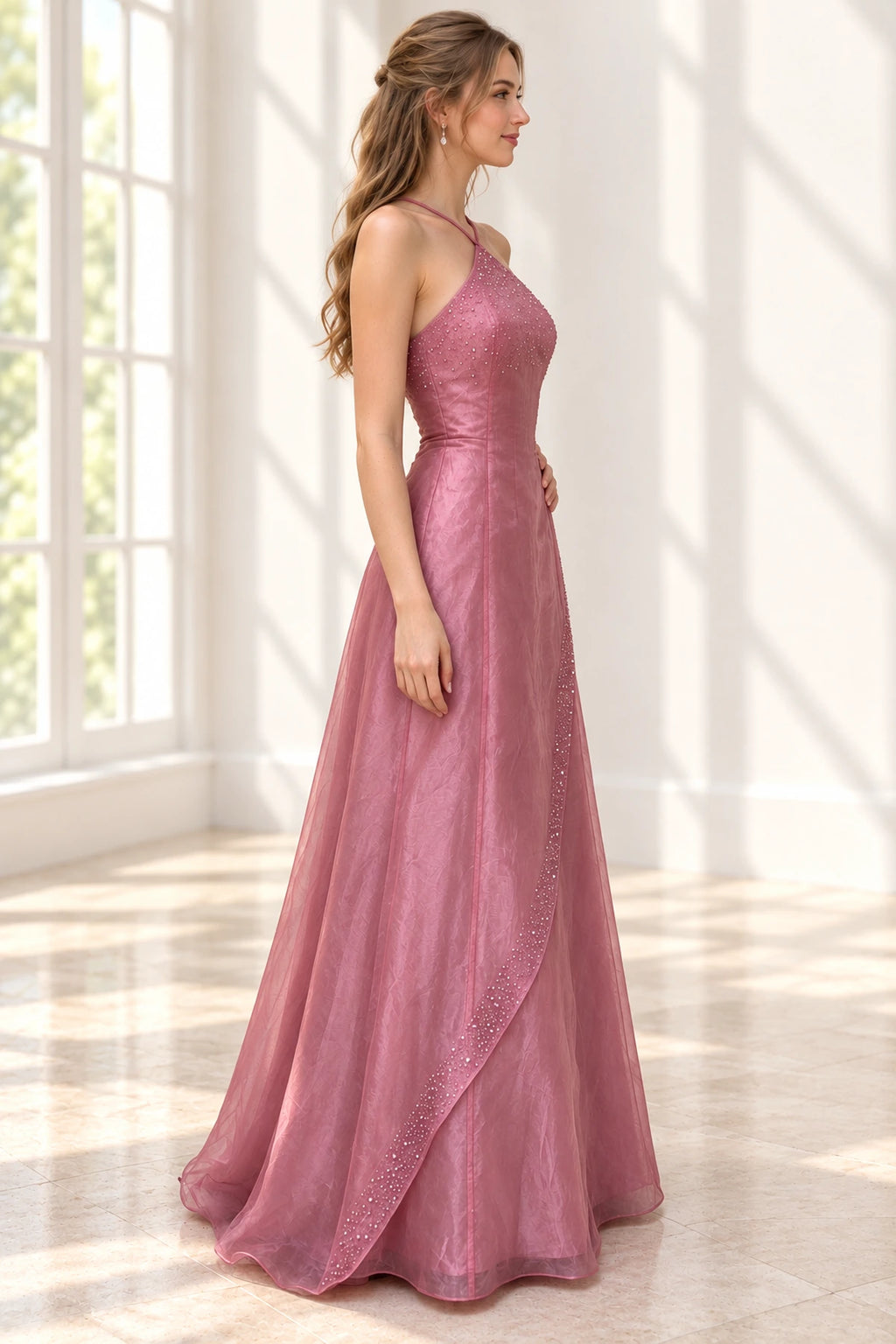 Elegant Chiffon A Line Halter Sleeveless Low Back Long Prom Dress