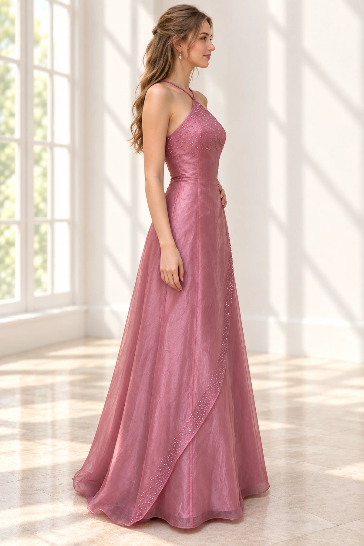 Elegant Chiffon A Line Halter Sleeveless Low Back Long Prom Dress