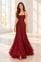 Glamorous Beaded Tulle Mermaid Halter Sleeveless Open Back Long Prom Dress