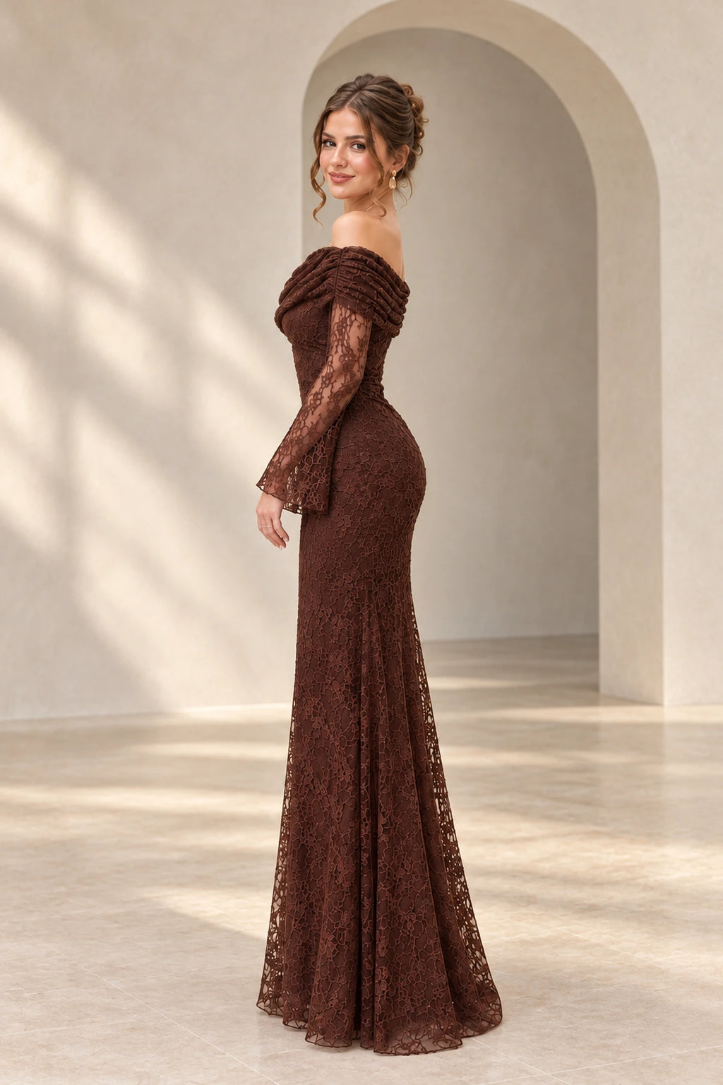 Elegant Lace Sheath Asymmetric Neck Long Sleeve Draped Back Long Wedding Guest Dress