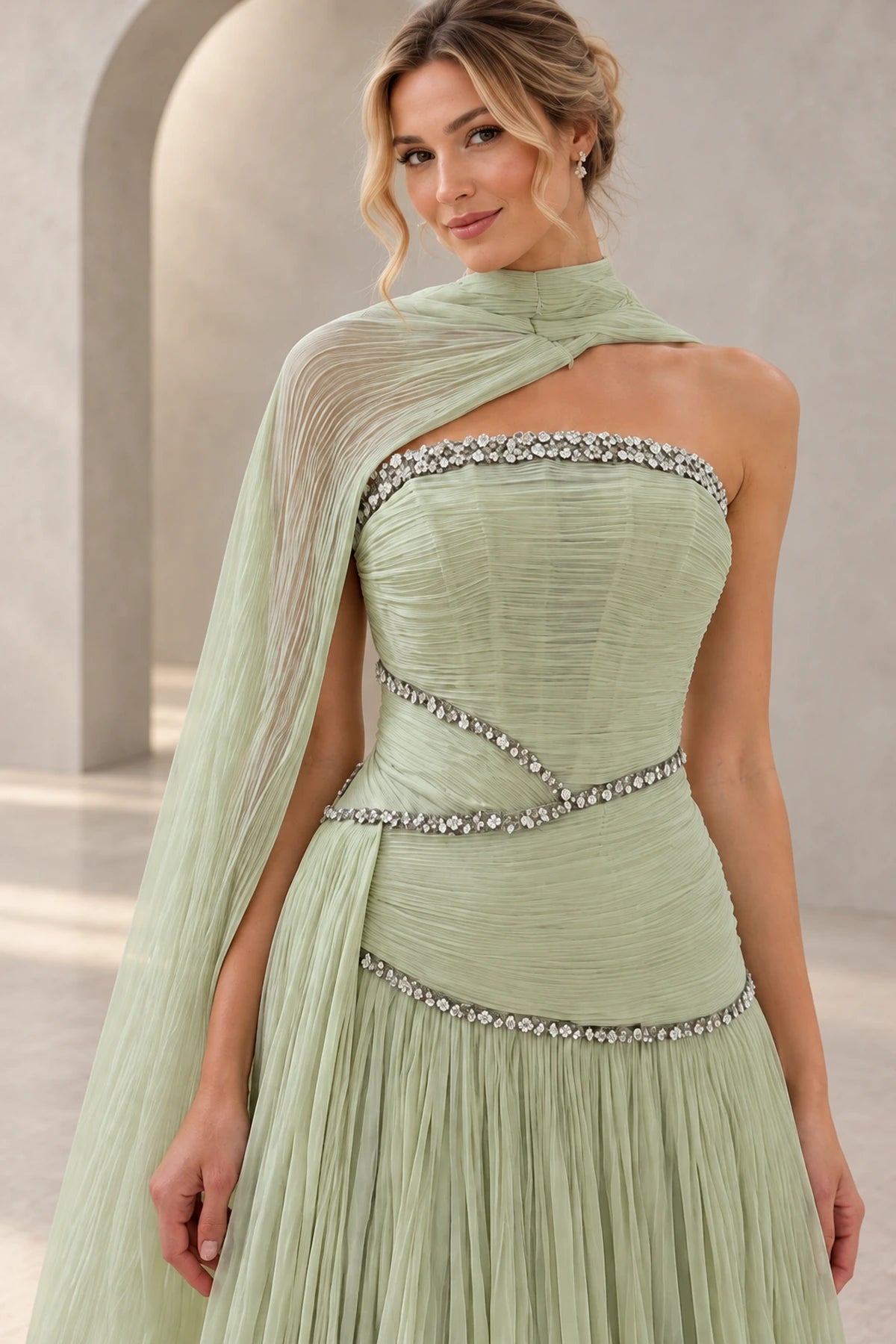 Elegant Chiffon A Line Strapless Cape Back Floor Length Prom Dress